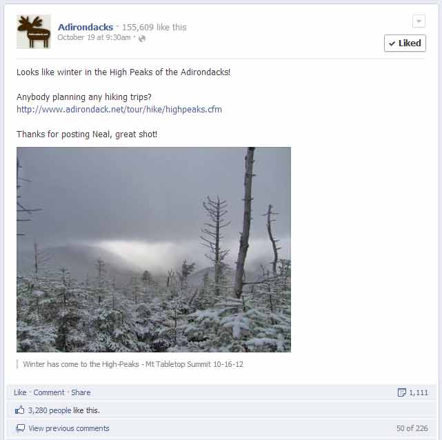 post on Adirondacks Facebook page