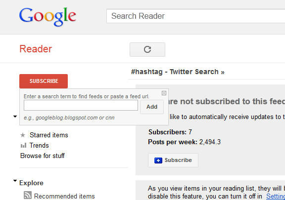 How to subscribe to a Twitter hashtag and add it to your Google Reader.