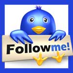 Twitter bird with a "Follow me" sign