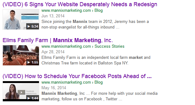 Mannix Marketing videos in Google search results