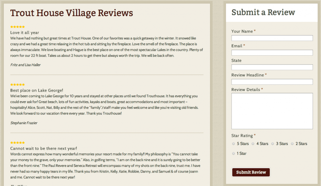 Trouthouse Resort Website Guest Reviews screen shot of website design