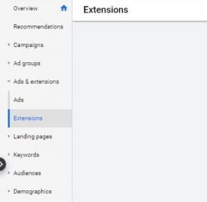 extensions tab in Google ads