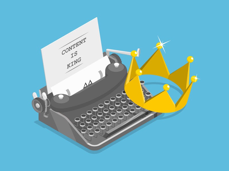 Content is king flat isometric vector concept. A typewriter with a crown, a papper sheet and caption CONTENT IS KING on it.