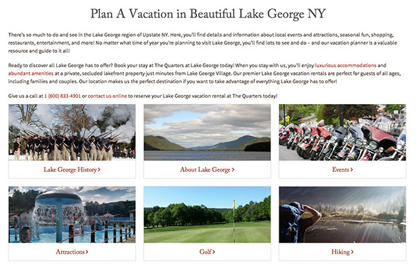 The Quarters at Lake George Website Vacation Planner