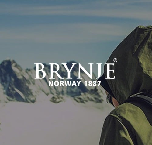 Brynje Norway 1887 logo with mountains in the background.