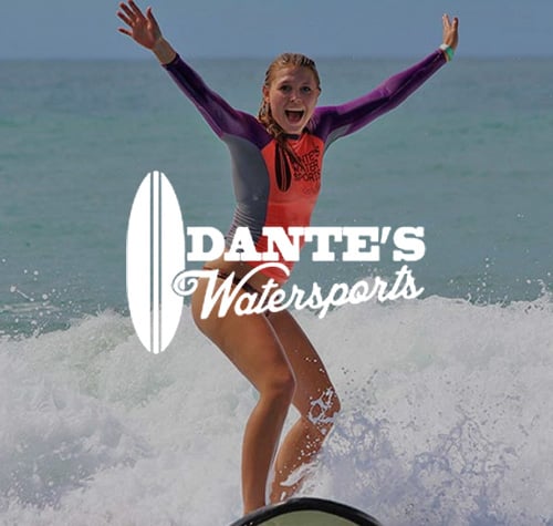 Dante's Watersports logo with a woman surfing in the background.