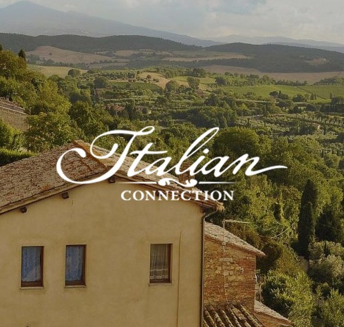 Italian Connection logo with the Italian countryside in the background.