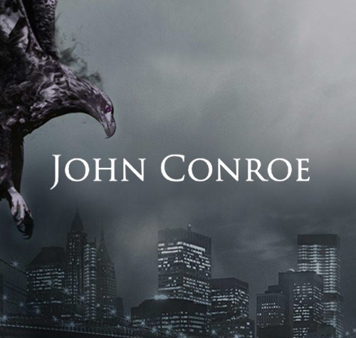 John Conroe logo with an image of a city in the background.