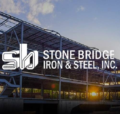 Stone Bridge Iron & Steel logo with a structure in the background.