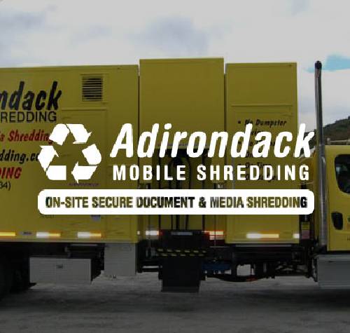 Adirondack Mobile Shredding logo with a picture of one of their trucks in the background.