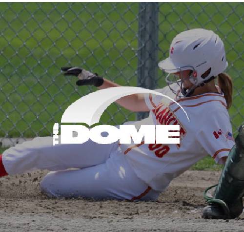 The Dome logo with a picture of a softball player sliding in the background.