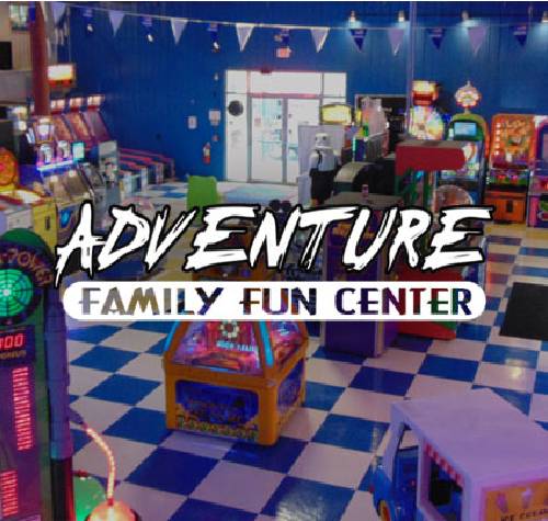 Adventure Family Fun Center logo with a picture of their arcade in the background.