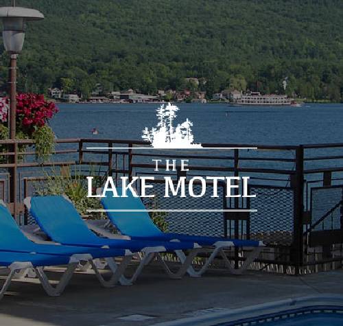 The Lake Motel logo with a view of Lake George in the background.