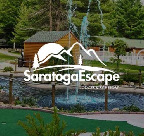 Saratoga Escape Lodges and RV Resort logo with their mini golf course in the background.
