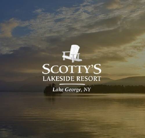 Scotty's Lakeside Resort logo with Lake George in the background.