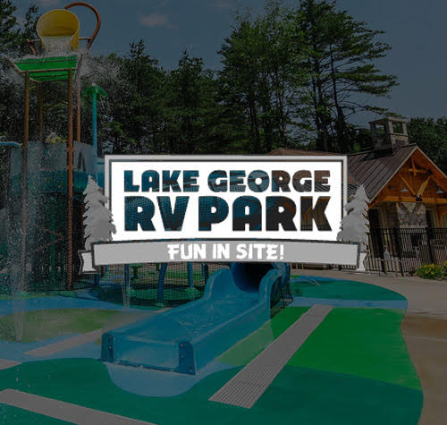 Lake George RV Park logo with their waterpark in the background.