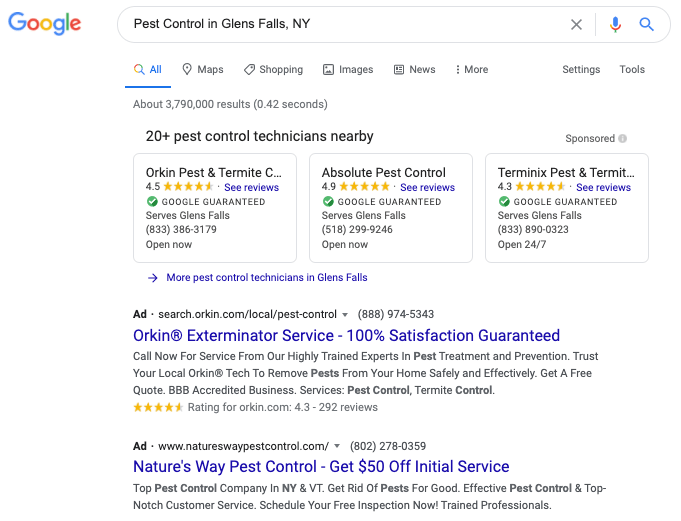 Google Local Services Ads in the Google Search Results for Pest Control Technicians