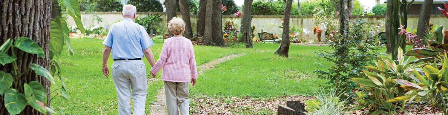 Elderly couple walking and holding hands