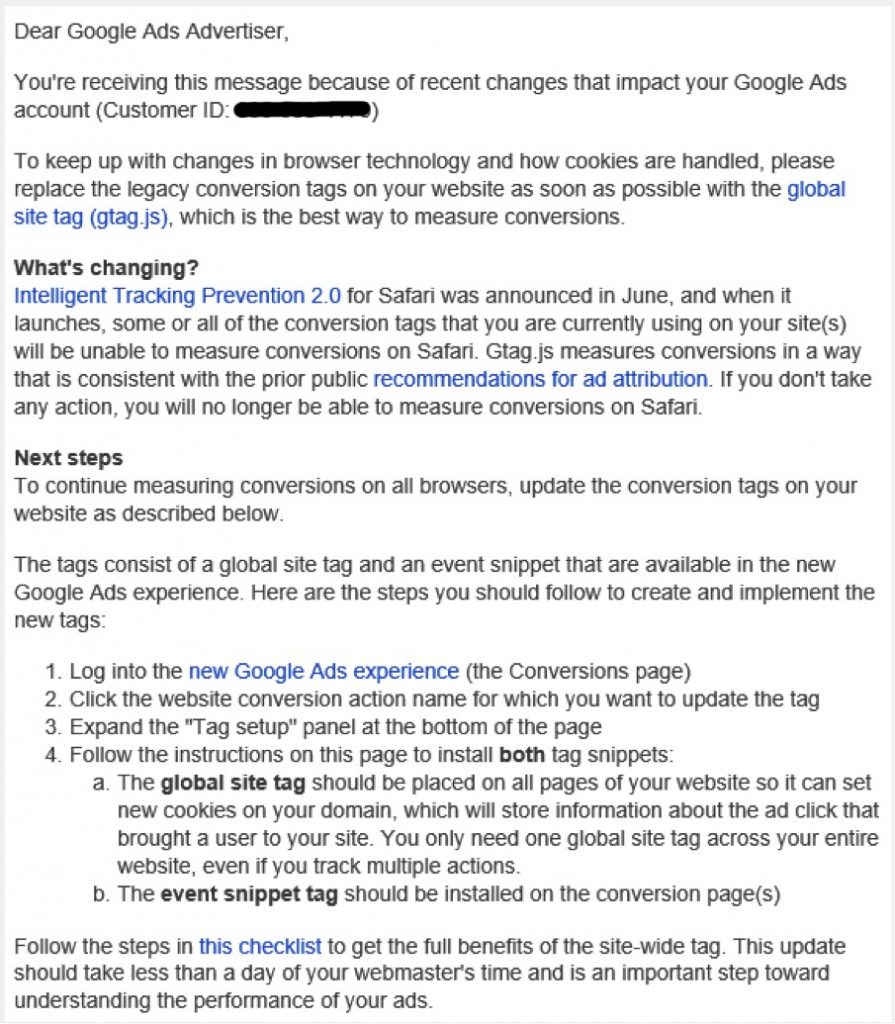 Google's notice to advertisers about the new gtag.js