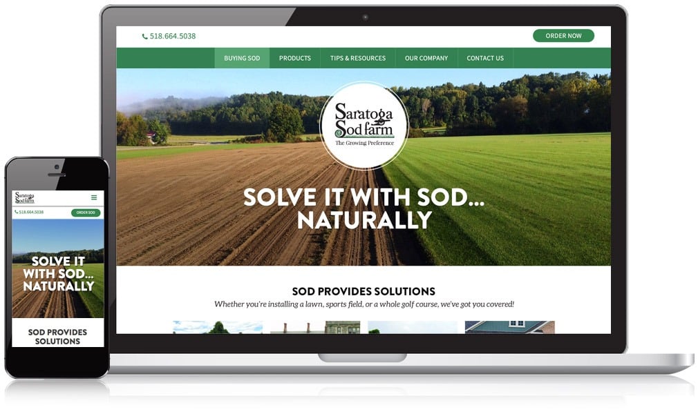 Picture of the Saratoga Sod farm website on a desktop and mobile device