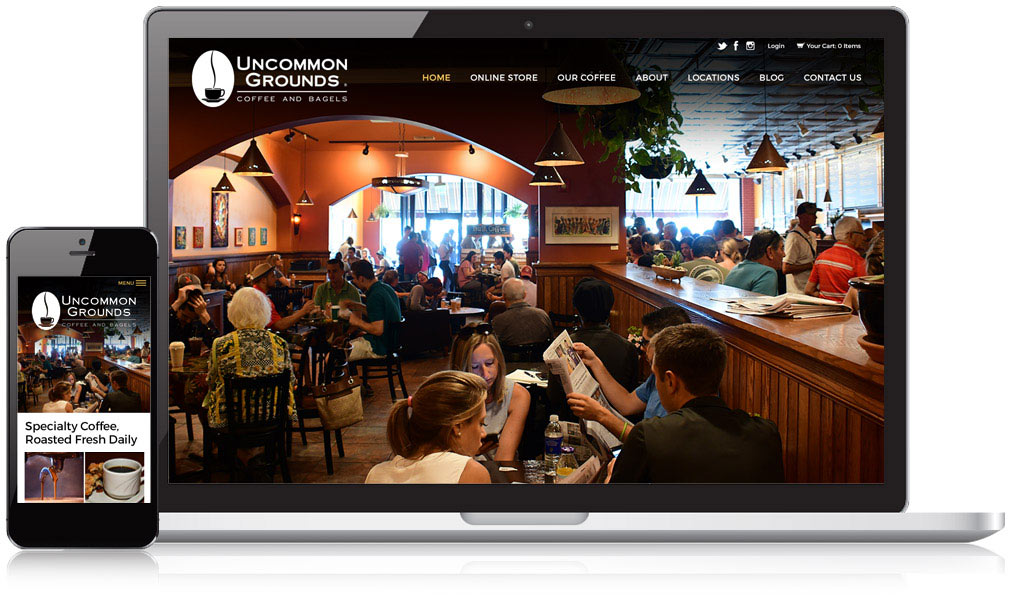 Responsive website of Uncommon Grounds shown in mobile and desktop view