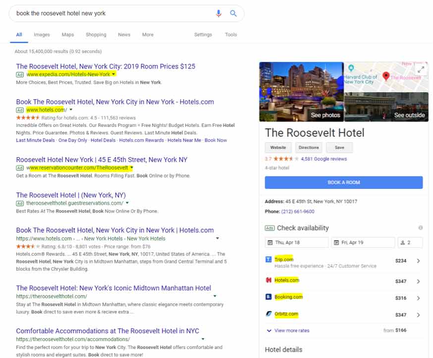 Screenshot of searching "book the roosevelt hotel new york" in google