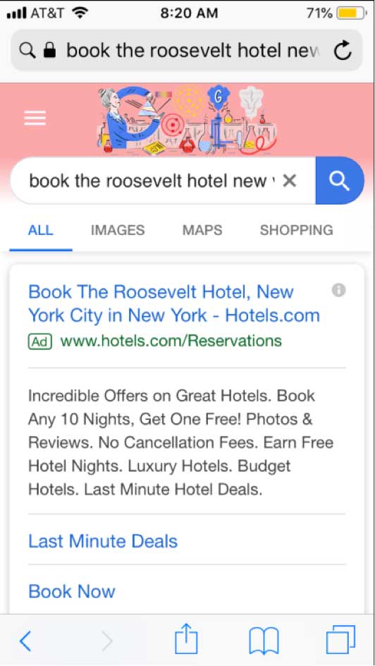 screenshot of mobile search of "book the roosevelt hotel new york"