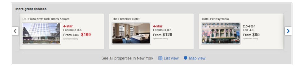 screenshots of suggested hotels for Roosevelt Hotel on hotel.com