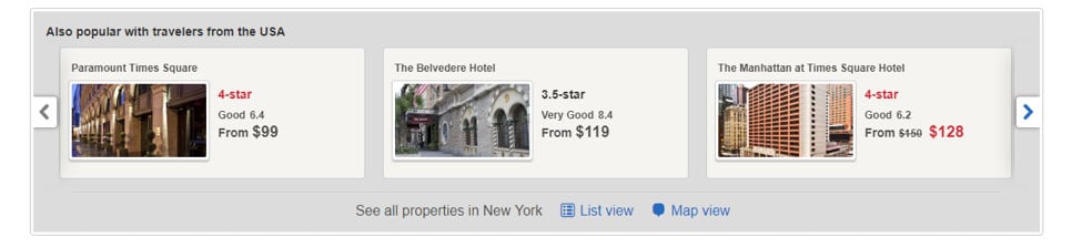 screenshots of suggested hotels for Roosevelt Hotel on hotel.com