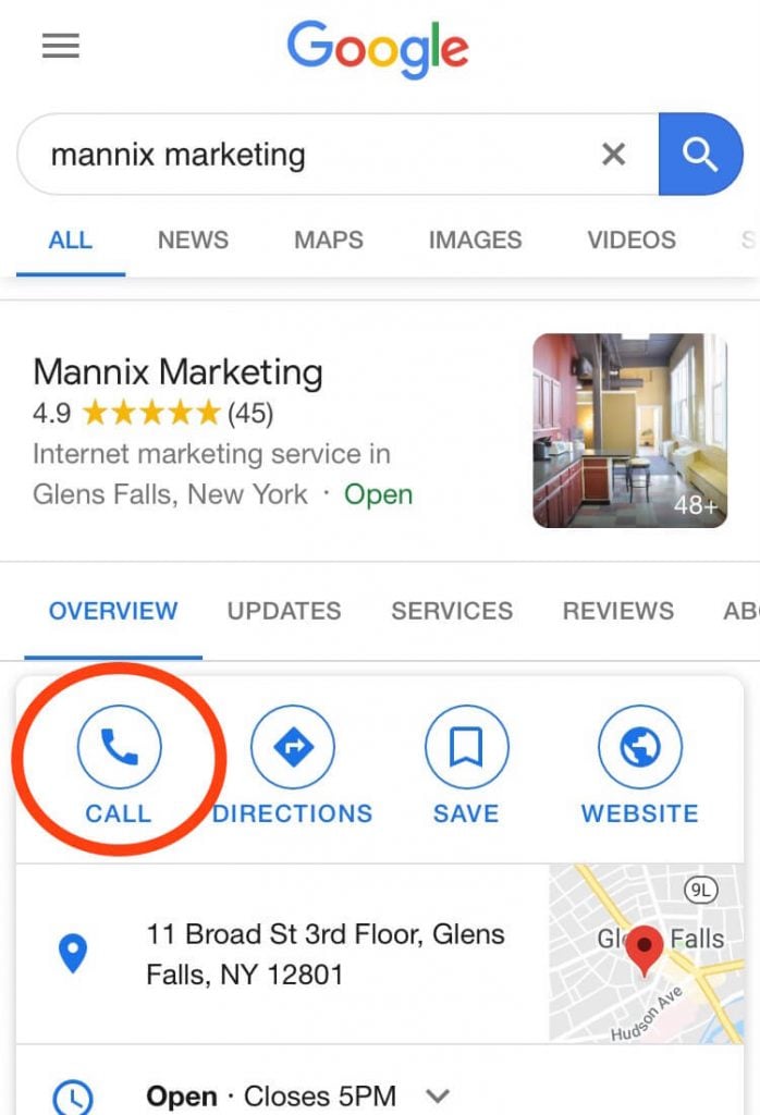 Google My Business Click to Call Phone Number Screenshot