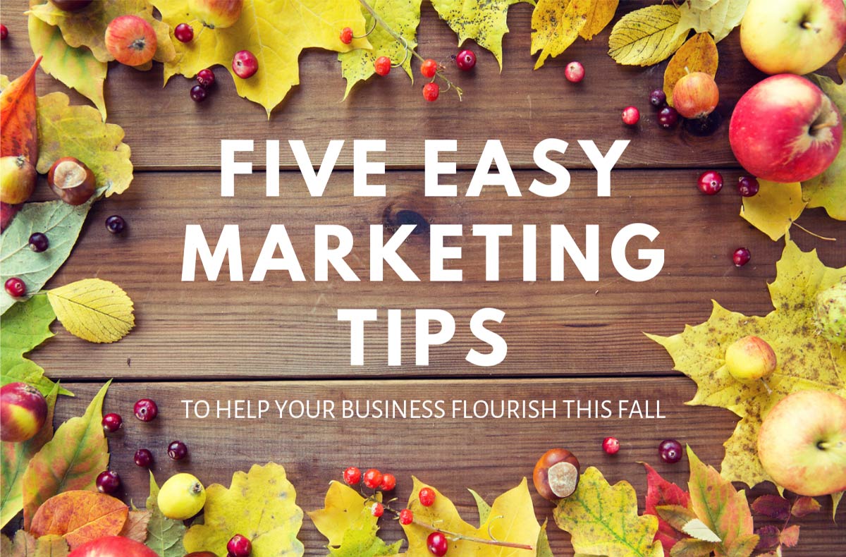 wood background surrounded by fall leaves with text that says five easy marketing tips