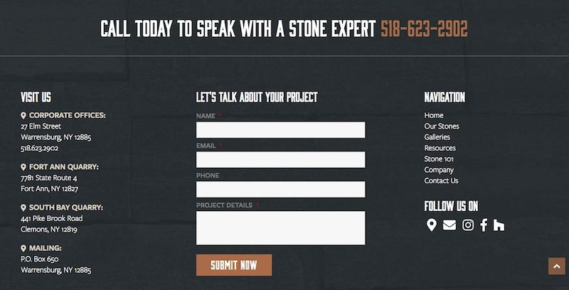Screenshot of Champlain Stone website contact form