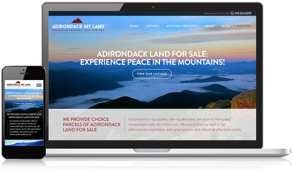 Screenshot of Adirondack Mt Land's website on a laptop and mobile device