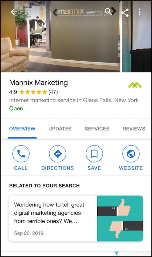 Mannix Marketing's Google My Business profile on mobile screen