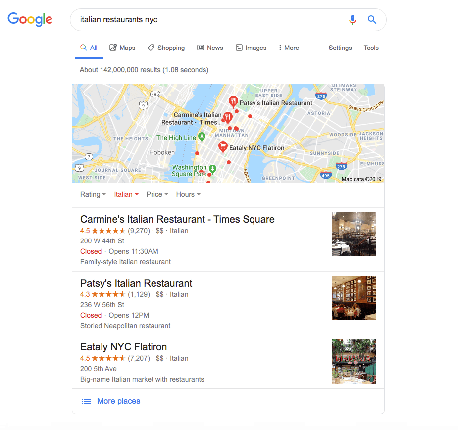 The Local Pack for a Google Search of "Italian Restaurants NYC"