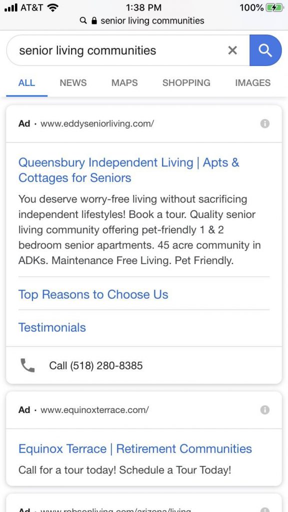 senior living communities mobile search results page