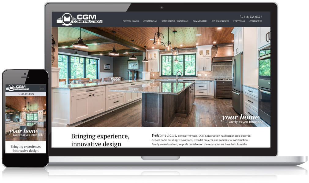 Laptop and mobile display of CGM Construction homepage