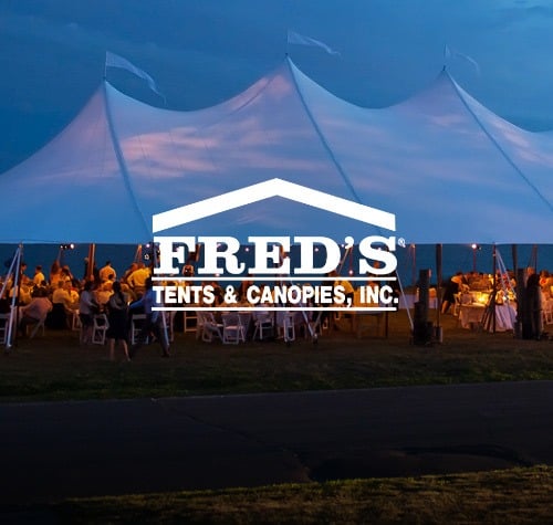 Fred's Tents logo over image of tent