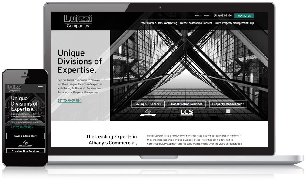 Image of Luizzi Companies website on a mobile device and desktop screen