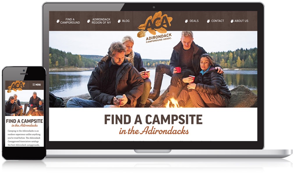 Screen shot of landing page for website, people around campfire and mobile phone with same image