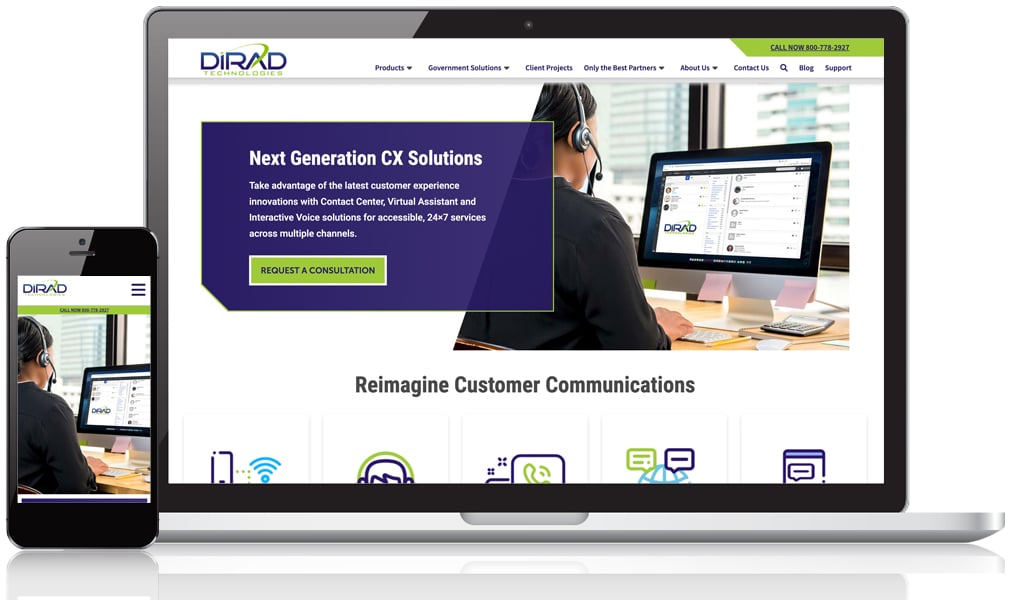 Mobile and laptop views of Dirad a telecommunications firm's new website to show mobile first approach to web design