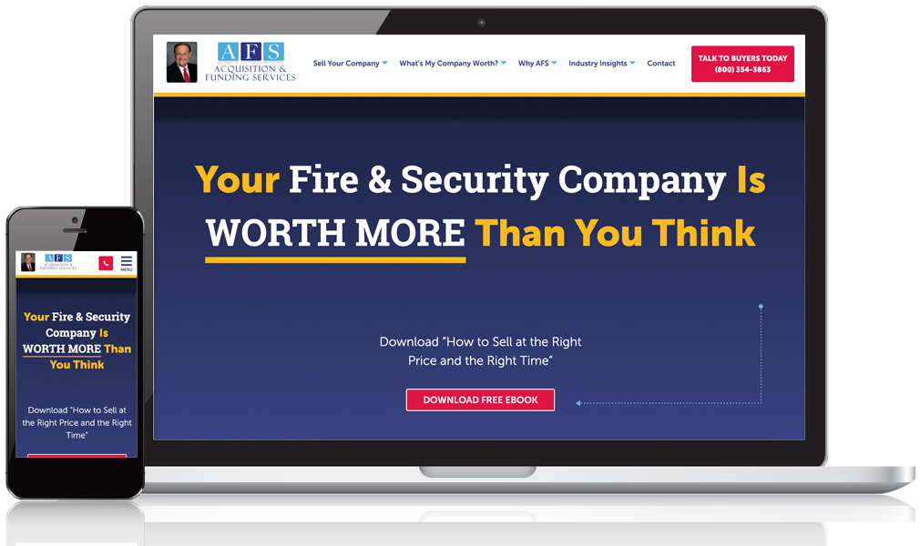 View of mobile responsiveness of Acquisition and funding Services website with strong call to actoin: Know what your fire and security company is worth