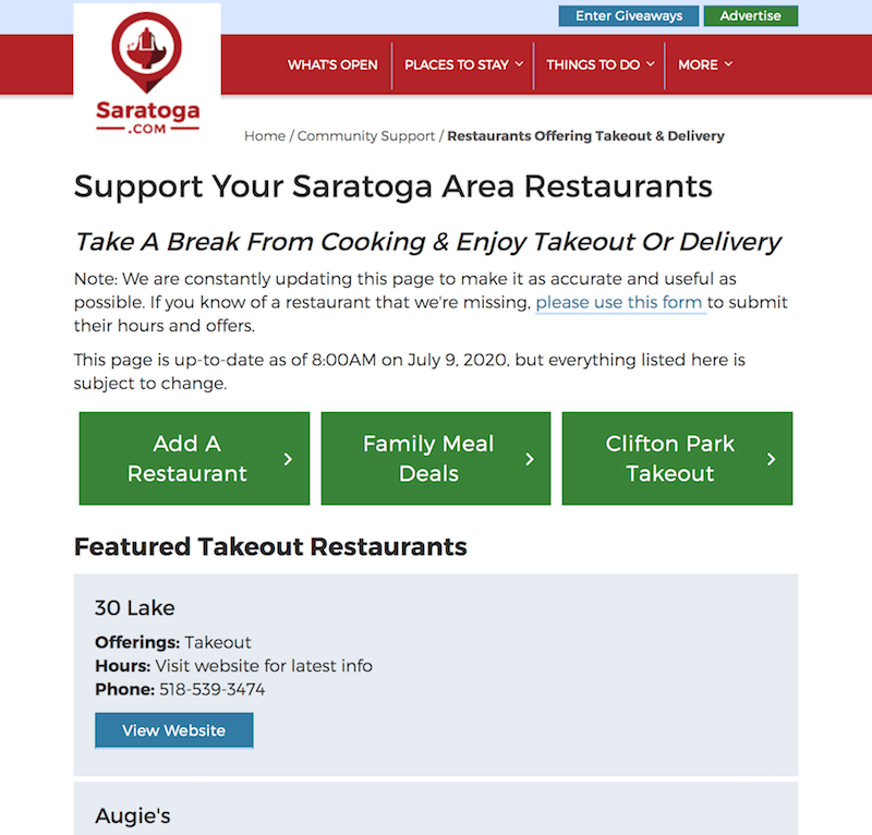 Takeout Page on Saratoga.com