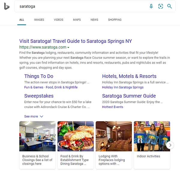 Bing results for Saratoga with sitelinks