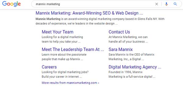 Google results for Mannix Marketing with sitelinks