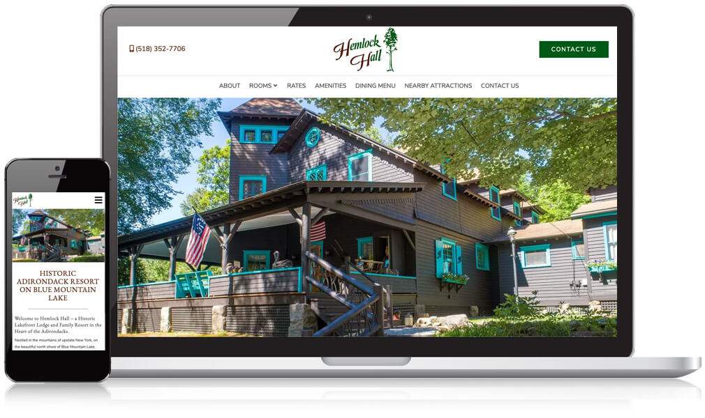 Hemlock Hall Lodging Website shown on a desktop and laptop screen