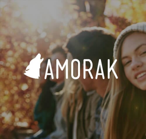 Amorak logo with teens talking in the background.