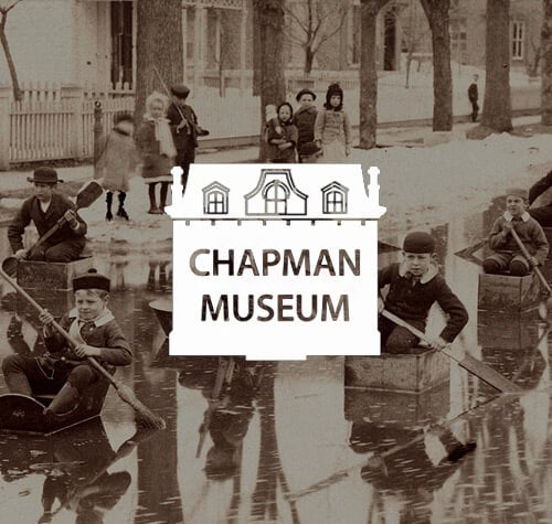 Chapman Museum logo with a historical photo of children sledding in the background.