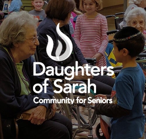 Daughters of Sarah Community for Seniors logo with a senior speaking to a child in the background.