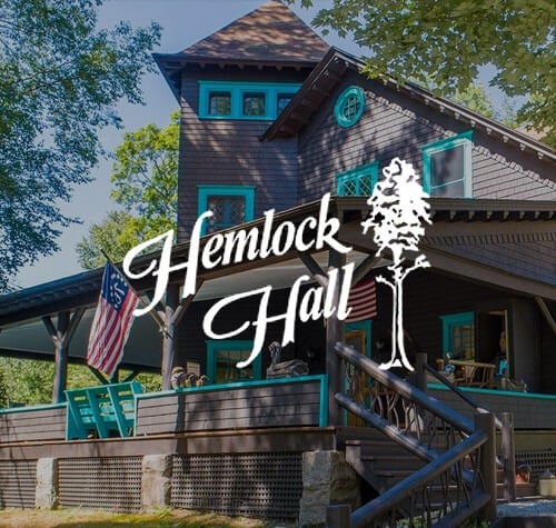Hemlock Hall logo with a house in the background.